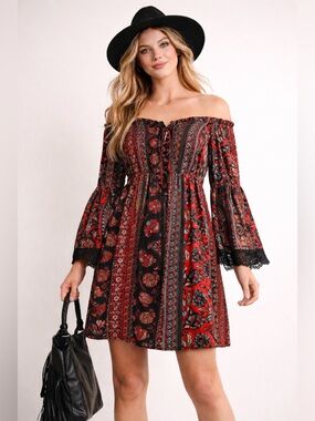 364 VENUS Boho Red Black Paisley Mini Dress S Off Shoulder Fall Festival Lace